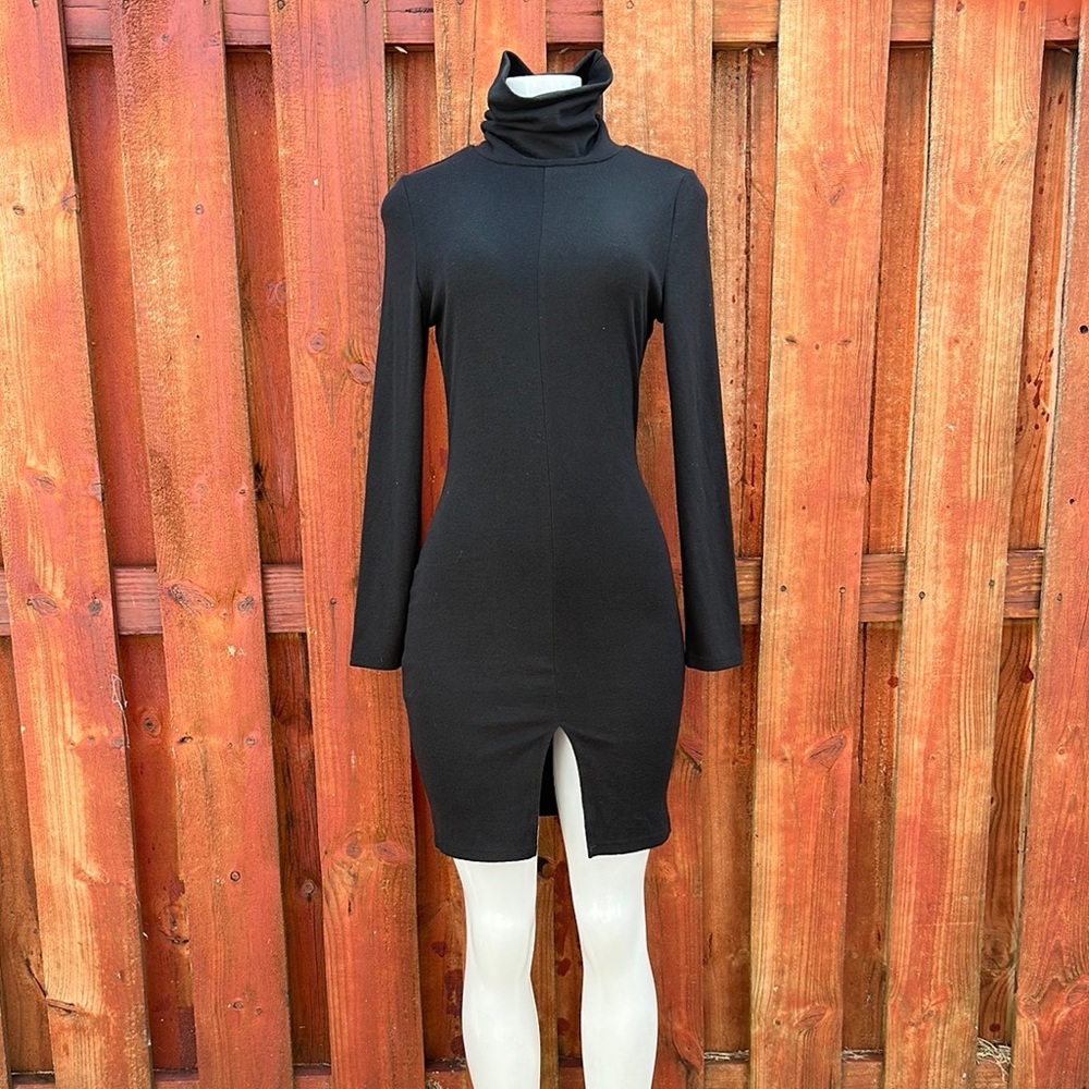 Thanth Black Turtleneck Long Sleeve Bodycon Dress with Slit Size XL